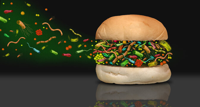 Bacterial Food Contamination and e coli or salmonella contaminated burger meat as bacteria or campylobacter and harmful pathogen for undercooked Meat
