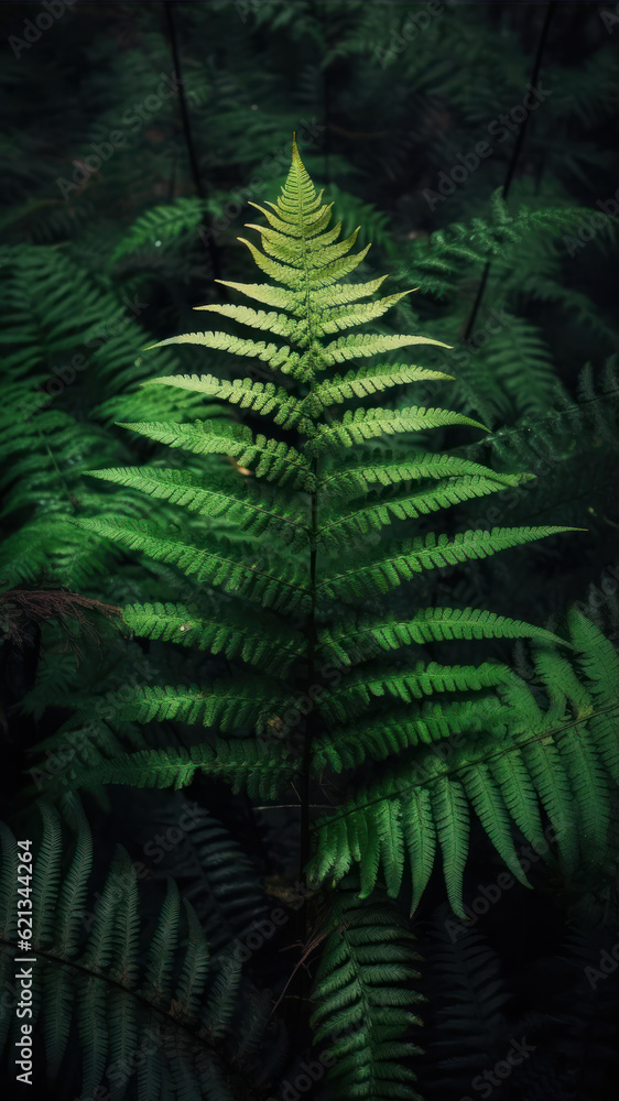 Poster green fern leaves in the forest with dark background and copy space generative ai