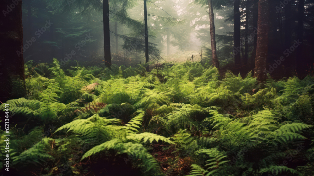 Poster ferns in the forest with fog in the background - retro style generative ai