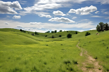 Fototapeta premium Endless Green Fields, panoramic landscape with green rolling hills in spring sunny morning. Summer sunny background with blue sky and green meadow