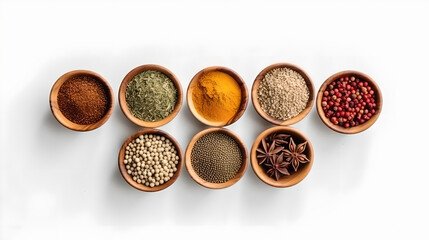 Bowls with various spices, Beautiful composition with different aromatic spices on white background