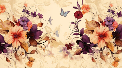Vintage floral background with pansy flowers and butterfly. Vector illustration. generative ai