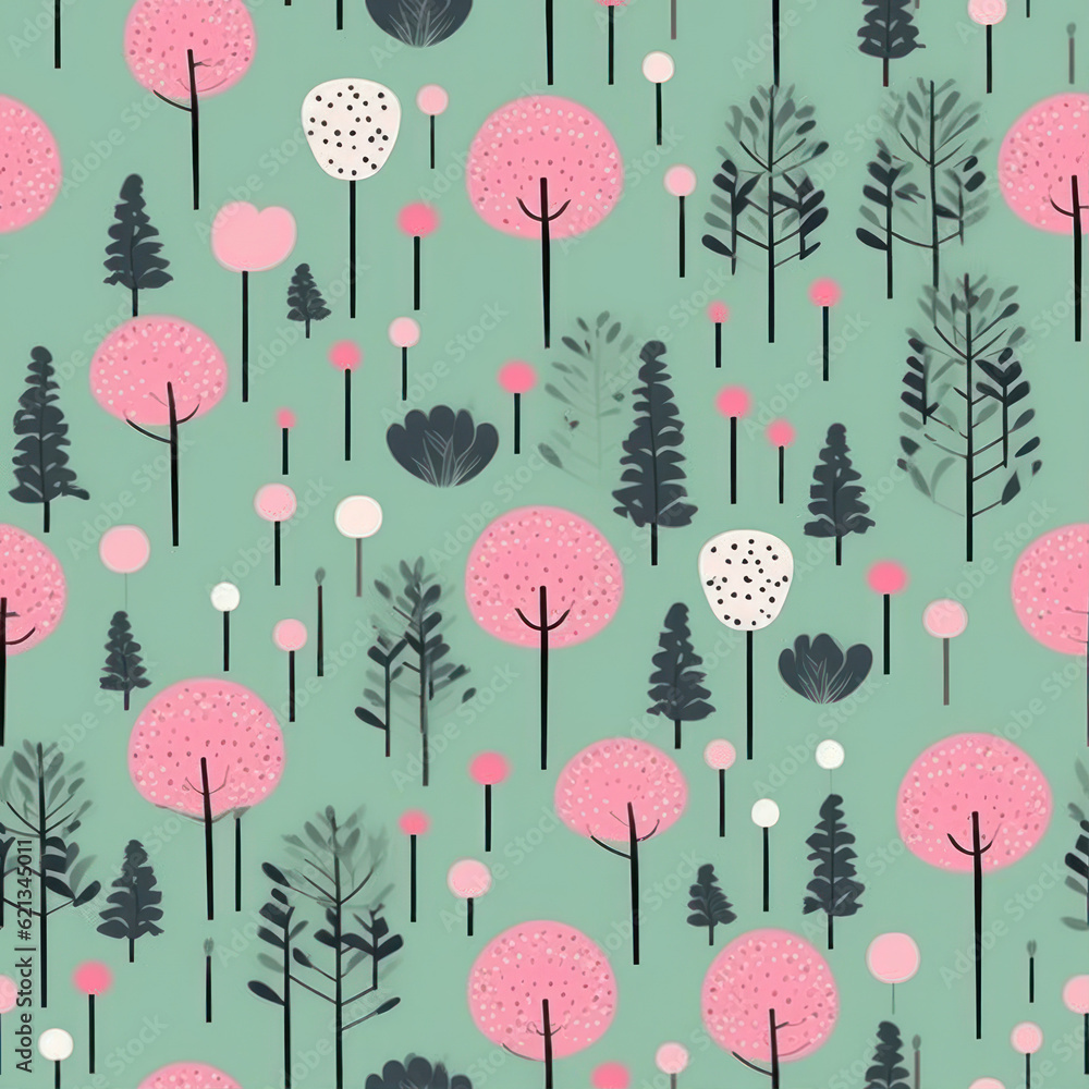 Aufkleber seamless pattern with trees and flowers in pastel colors. generative ai