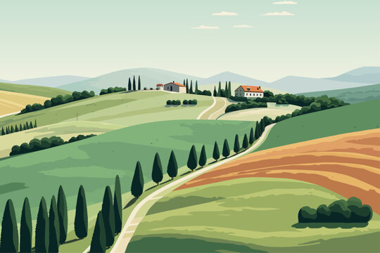 Landscape In Tuscany Illustration, Italian Landscapes, Panoramic Countryside Farmland Vector Illustration