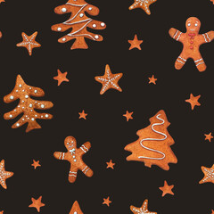 Fototapeta na wymiar Seamless ornate of cute Christmas gingerbread cookies isolated on black background. Watercolor illustration of gingerbread man, stars, spruce for room decor, print, textile design. Top view.