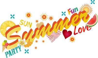 Sonne Sommer Spaß und Party im eigenen Garten Illustration Sommer Schriftzug