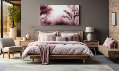 Scandinavian Bedroom. Contemporary Interior Design Background, generative AI