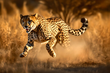 Adult cheetah running at full speed while chasing down wildebeest calf