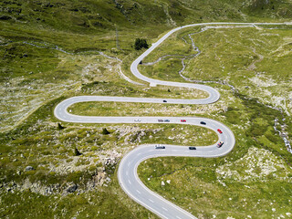 The winding roads over the Julier Pass of Swiss Alps mountains in summer