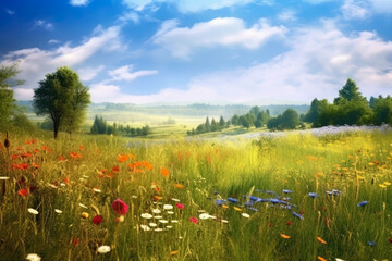 Whispering Meadows: serene panorama of gently swaying meadows adorned with vibrant wildflowers, where the soft breeze carries the whispers of nature's secrets