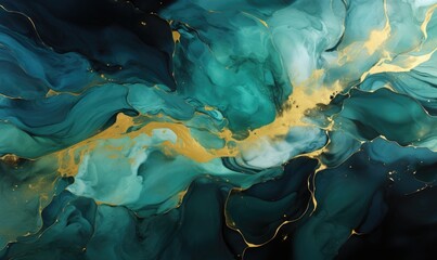 Watercolor background drawn by brush. Green paints spilled on paper. Golden shiny veins and Liquid marble texture, generative AI