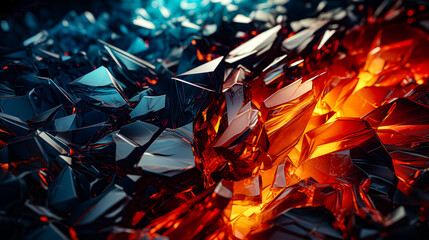 Cracked wall with a bright fire inside, abstract background. Futuristic abstract background with low poly shapes, glowing particles. Abstract falling apart shattered black rock wallpaper explosion.