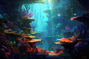 Fototapeta na wymiar Mystical Underwater Realm: mesmerizing panorama of a mystical underwater realm, with vibrant coral reefs, bioluminescent creatures, and ethereal light filtering through the depths