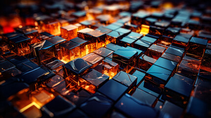 Obraz premium Cracked wall with a bright fire inside, abstract background. Futuristic abstract background with low poly shapes, glowing particles. Abstract falling apart shattered black rock wallpaper explosion.