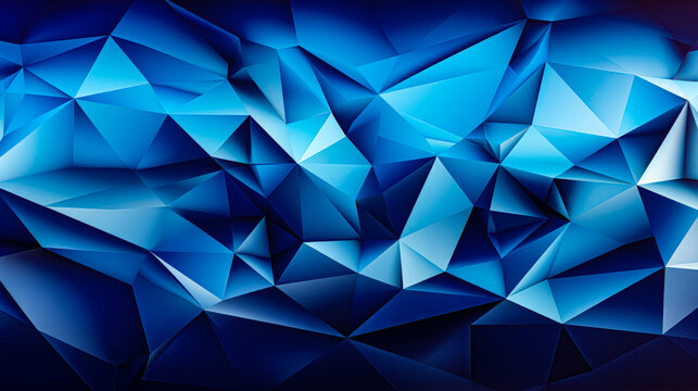 Abstract blue polygonal background texture. Low poly bright blue wall. Deep sky blue low polygon mesh wallpaper concept. House decoration origami style. 3d rendering, 3d illustration.