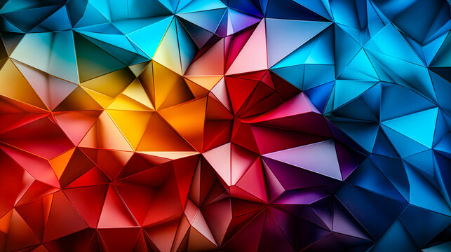 Abstract colorful polygonal background texture. Low poly bright multicolored wall. Vibrant multicolor low polygon mesh wallpaper concept. House decoration origami style. 3d rendering, 3d illustration.