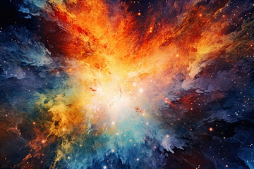 Cosmic Burst: dynamic panorama featuring explosive bursts of cosmic energy, swirling nebulae, and vibrant celestial colors, showcasing the awe-inspiring beauty of the universe