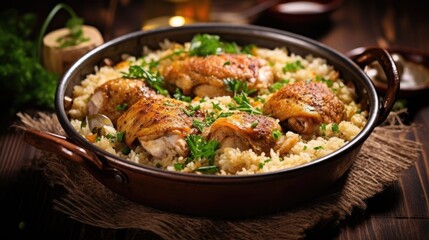Fototapeta premium Chicken thighs with couscous and rice on a wooden background