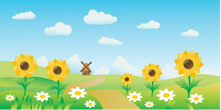Summer green landscape with sunflowers and windmill vector illustration.