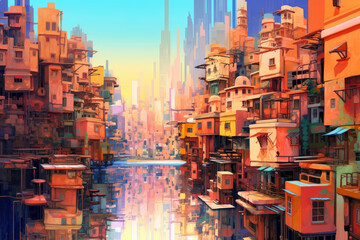 Surreal City Mirage: surreal panorama where reality and illusion blend, creating a mirage-like cityscape with distorted perspectives, vibrant colors, and a sense of mystery