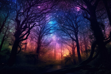 Naklejka premium Mystical Starry Forest: mesmerizing panorama of a starlit forest, where sparkling stars illuminate the mysterious woods, and a sense of enchantment fills the air
