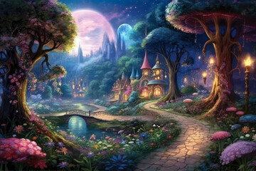 Fototapeta na wymiar Enchanted Moonlit Garden: magical panorama of a moonlit garden, where delicate flowers bloom under the shimmering moonlight, and fairies dance amidst a gentle breeze