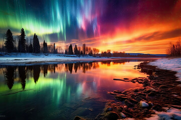 Enchanted Aurora: spellbinding panorama showcasing the ethereal beauty of the Northern Lights dancing across the night sky in a mesmerizing display of vibrant colors