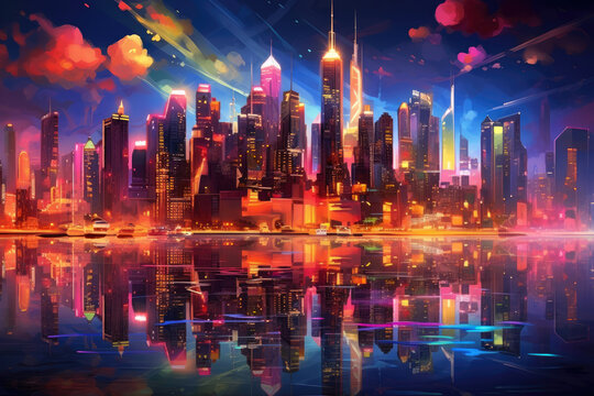 Vibrant Cityscape: dynamic panorama of a bustling city skyline adorned with towering skyscrapers, vibrant neon lights, and a tapestry of colorful reflections