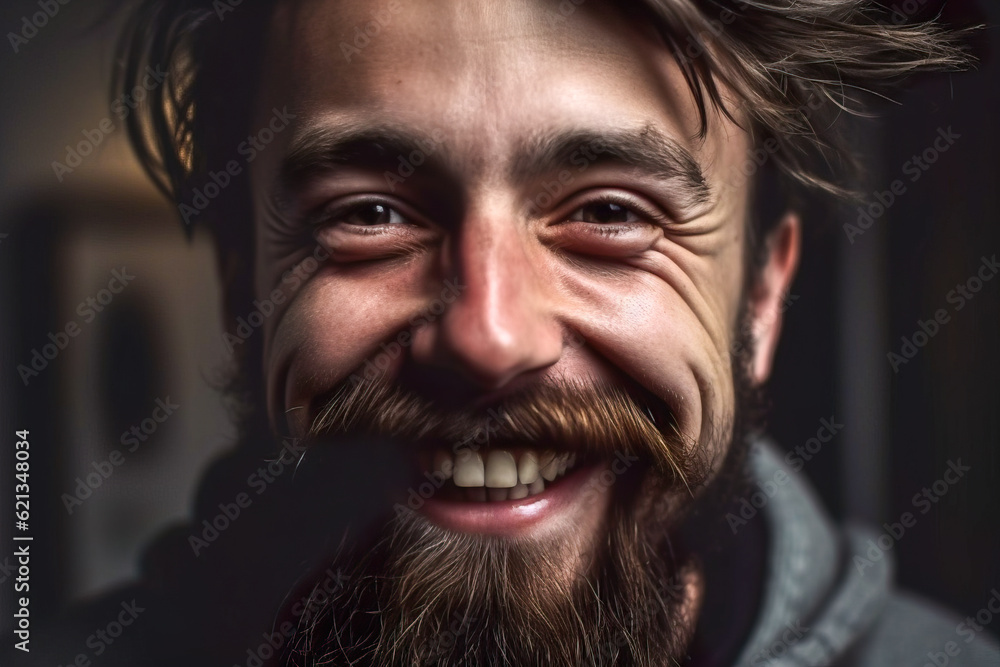 Poster close-up portrait of a funny man with a beard and mustache. generative ai