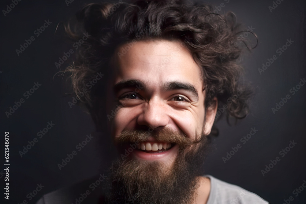 Poster close-up portrait of a funny man with a beard and mustache. generative ai