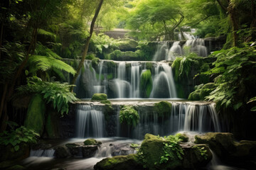 Fototapeta na wymiar Whispering Waterfalls: serene panorama capturing cascading waterfalls surrounded by lush greenery, where the soothing sound of water creates a peaceful ambiance