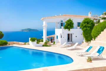 Traditional Mediterranean white house with pool on a hill with stunning sea view. Summer vacation background