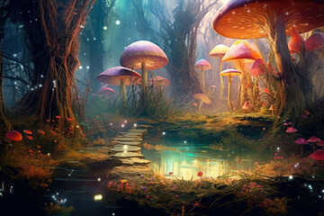 Magical Fairyland: whimsical panorama of a secret fairyland hidden among colorful mushroom groves, sparkling streams, and ethereal light - obrazy, fototapety, plakaty