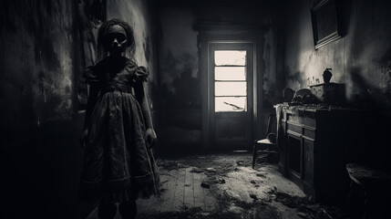 Fototapeta na wymiar Inside view of haunted house showing silhouette of creepy horror doll in abandoned chamber with broken furniture. Concept of supernatural. Generative AI.