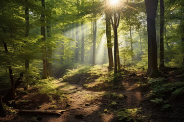 Fototapeta na wymiar Whispering Woods: serene panorama of a mystical forest with sun rays filtering through the canopy, creating a play of light and shadows amidst an array of vibrant foliage