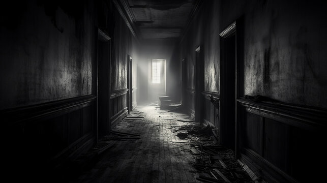 Inside view of an abandoned house showing a light-flooded window at the end of a broken corridor. Generative AI.