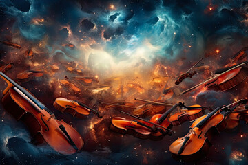 Fototapeta premium Starry Symphony: mesmerizing panorama of a celestial orchestra, where stars twinkle like musical notes, forming constellations against a cosmic backdrop
