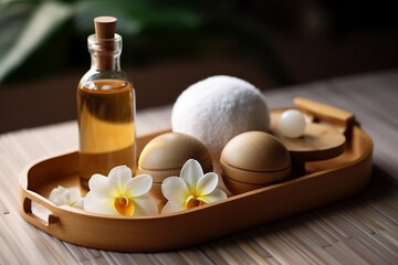 Obraz na płótnie Canvas Thai Massage Spa Therapy with Herbal Towel Compress Ball, Coconut Oil, Perfume, Cosmetics, and Plumeria Flower on Massage Bed Created with generative AI tools