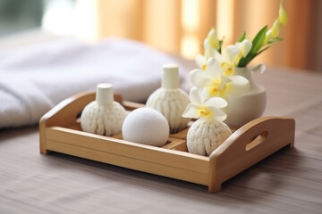Fototapeta na wymiar Thai Massage Spa Therapy with Herbal Towel Compress Ball, Coconut Oil, Perfume, Cosmetics, and Plumeria Flower on Massage Bed Created with generative AI tools