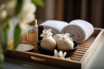 Obraz na płótnie Canvas Thai Massage Spa Therapy with Herbal Towel Compress Ball, Coconut Oil, Perfume, Cosmetics, and Plumeria Flower on Massage Bed Created with generative AI tools