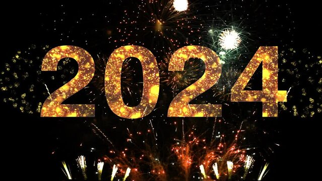 2024 New Year's Eve Fireworks Celebrate with black background. Concept of Merry Christmas and Happy New Year 2024.