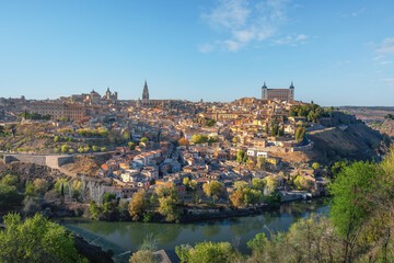 Toledo Skyline with Cathedral, Alcazar and Tagus River - Toledo, Spain - obrazy, fototapety, plakaty