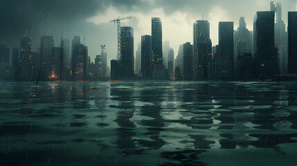Fototapeta premium A coastal city engulfed by rising sea levels, with submerged buildings