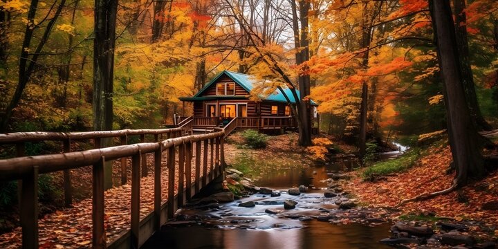 Cozy image of a charming cabin nestled in the midst of an autumn forest, surrounded by colorful foliage. Generative ai.