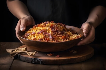 Bowl with Brazilian farofa. Made with manioc flour. Generative AI