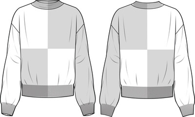 Women's Checks Knit Sweater- Technical fashion illustration. Front and back, white. Women's CAD mock-up. - obrazy, fototapety, plakaty