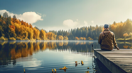 Fototapeta premium a old man in his fifties sitting on a dock, fishing at a scenic lake. ai generative
