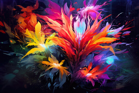 Vibrant Explosion Of Abstract Flowers And Foliage On A Black Background, Bursting With Life And Color, Capturing The Essence Of A Flourishing Garden