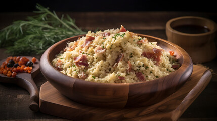 Bowl with Brazilian farofa. Made with manioc flour. Generative AI