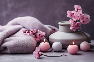 Obraz na płótnie Canvas Pink spa set with candles and sakura flowers. Generative ai